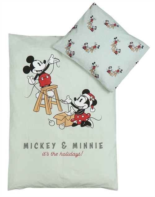 Jule sengetøj til baby 70x100 cm - 100% blødt bomuld - Mickey og Minnie - Julemotiv i mintgrøn